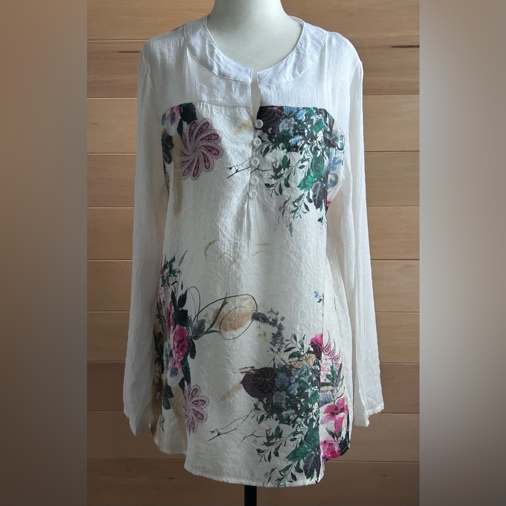 Zanzea Size XL White Floral Henley Tunic with Pink & Green Print Lightweight
